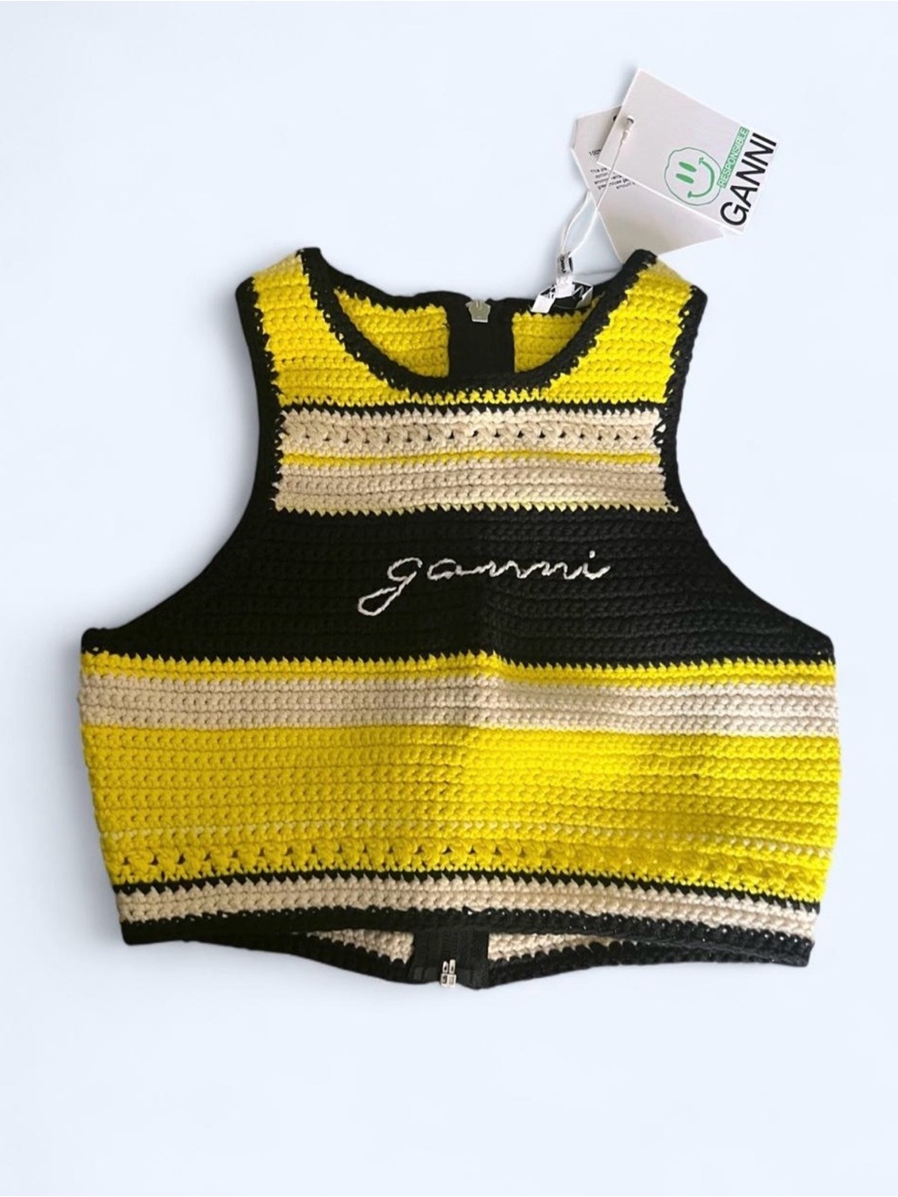 Brand New Ganni Crocheted Stripe Tank Top in Yellow, Black & Cream | Size 34